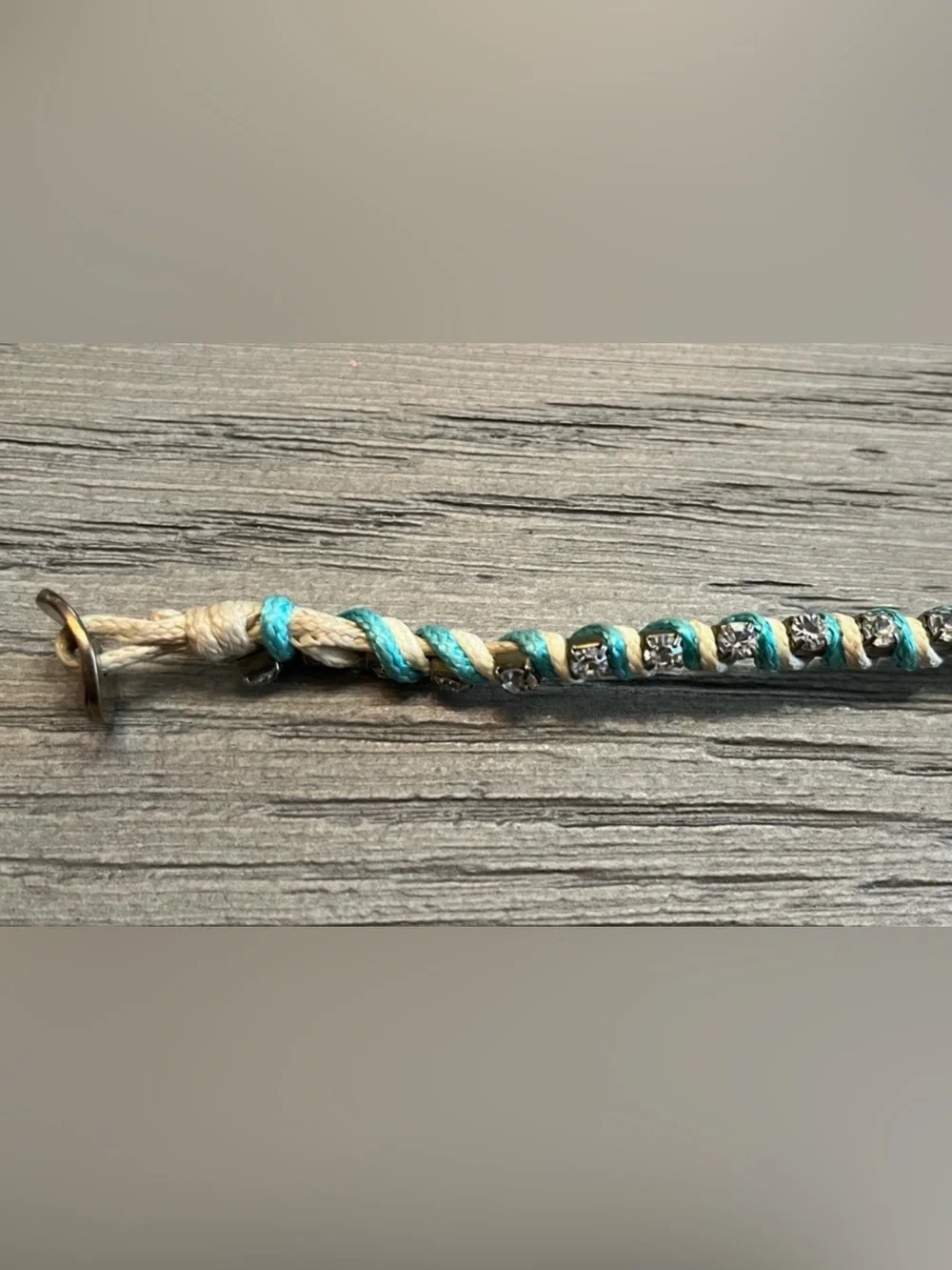 Crystal Rhinestone Wrap Cord Bracelet Turquoise & Ivory Adjustable Boho